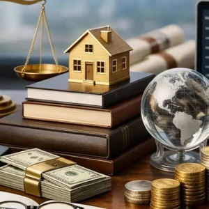 Balance dorée, maison miniature, globe, livres et pièces sur un bureau : formation Overlord en finance, investissement et gestion de patrimoine